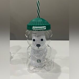Starbucks Clear Bear Tumbler with Green Beanie and Striped Straw